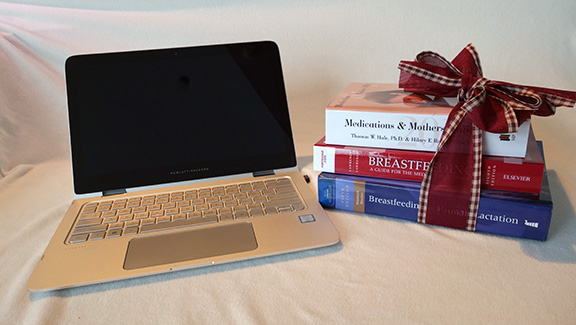 computer and books wrapped in a Christmas bow